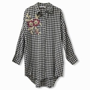 ZARA Black White Gingham Flannel Button Front, Floral Embroidery, High Low Tunic